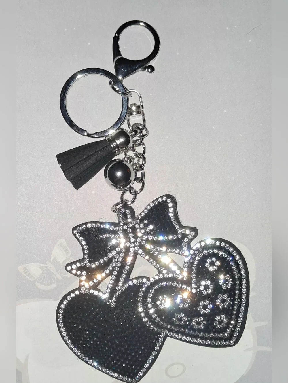 New! Double Heart Rhinestone Keychain With Tassel